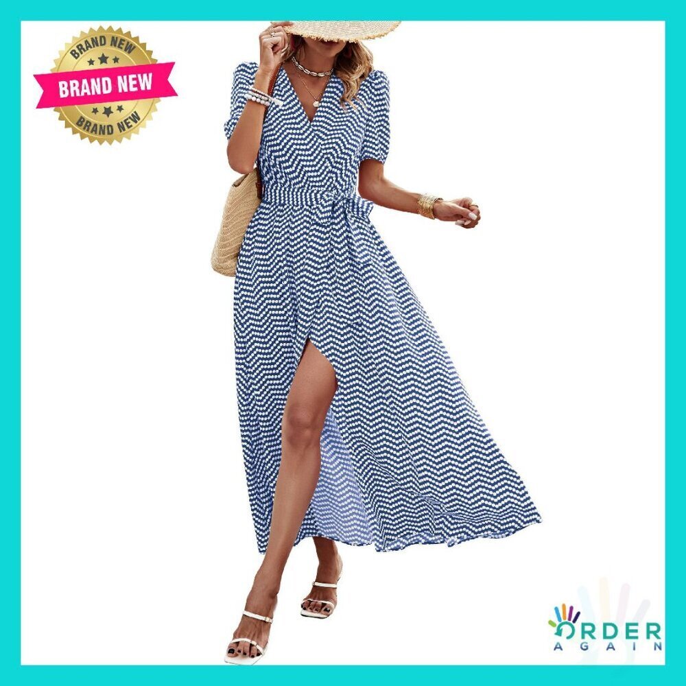 Boho Floral Maxi Dress Wrap V Neck Flowy Summer Wedding Guest Beach